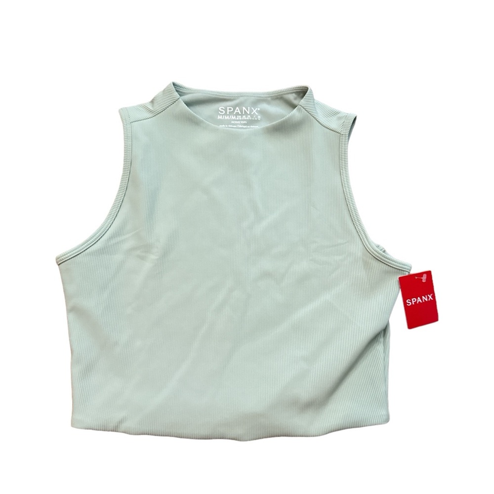 Spanx Contour Rib‎ Mock Neck Crop Top Women’s Size Medium Light Green/Teal NWTS